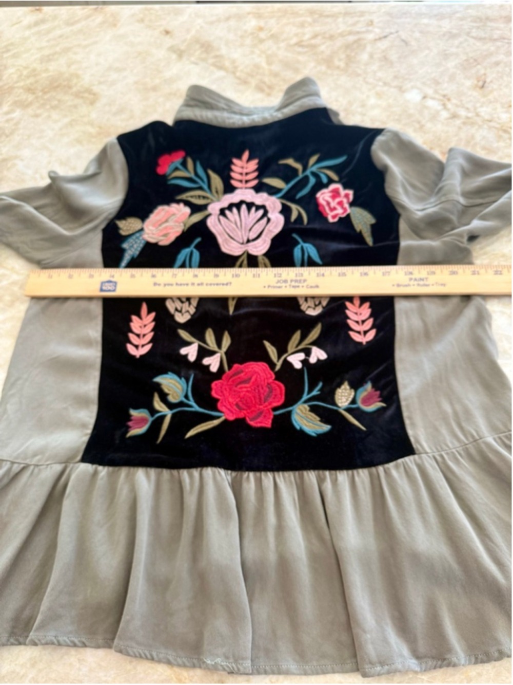 Mystree Button Down Shirt M Olive Green Black Embroidered velvet flowers, ruffle - Picture 5 of 9